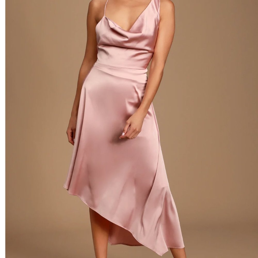 Sereno Mauve Pink Satin Cowl Neck Asymmetrical Midi Dress